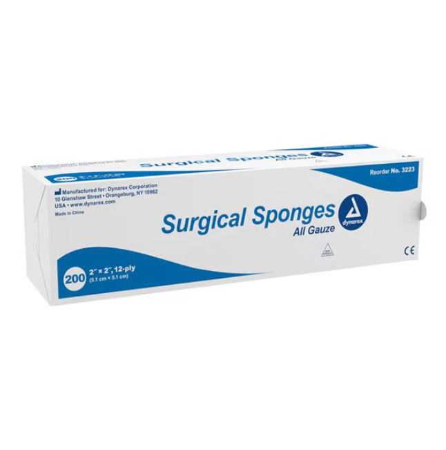 100% Cotton Gauze Sponge 2x2" 12 Ply Non-Sterile LF, 40 BX/CA