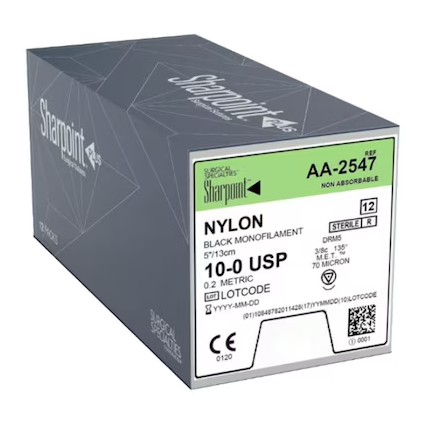 Sharpoint Suture 10-0 5/13cm Nylon Monofilament DRM5 Black 12/Bx